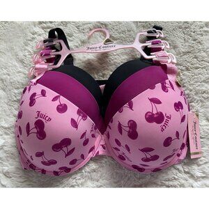 3 Pack Juicy Couture Show Me Off Bra Size 40D Cherries Cherry Pink Black NEW